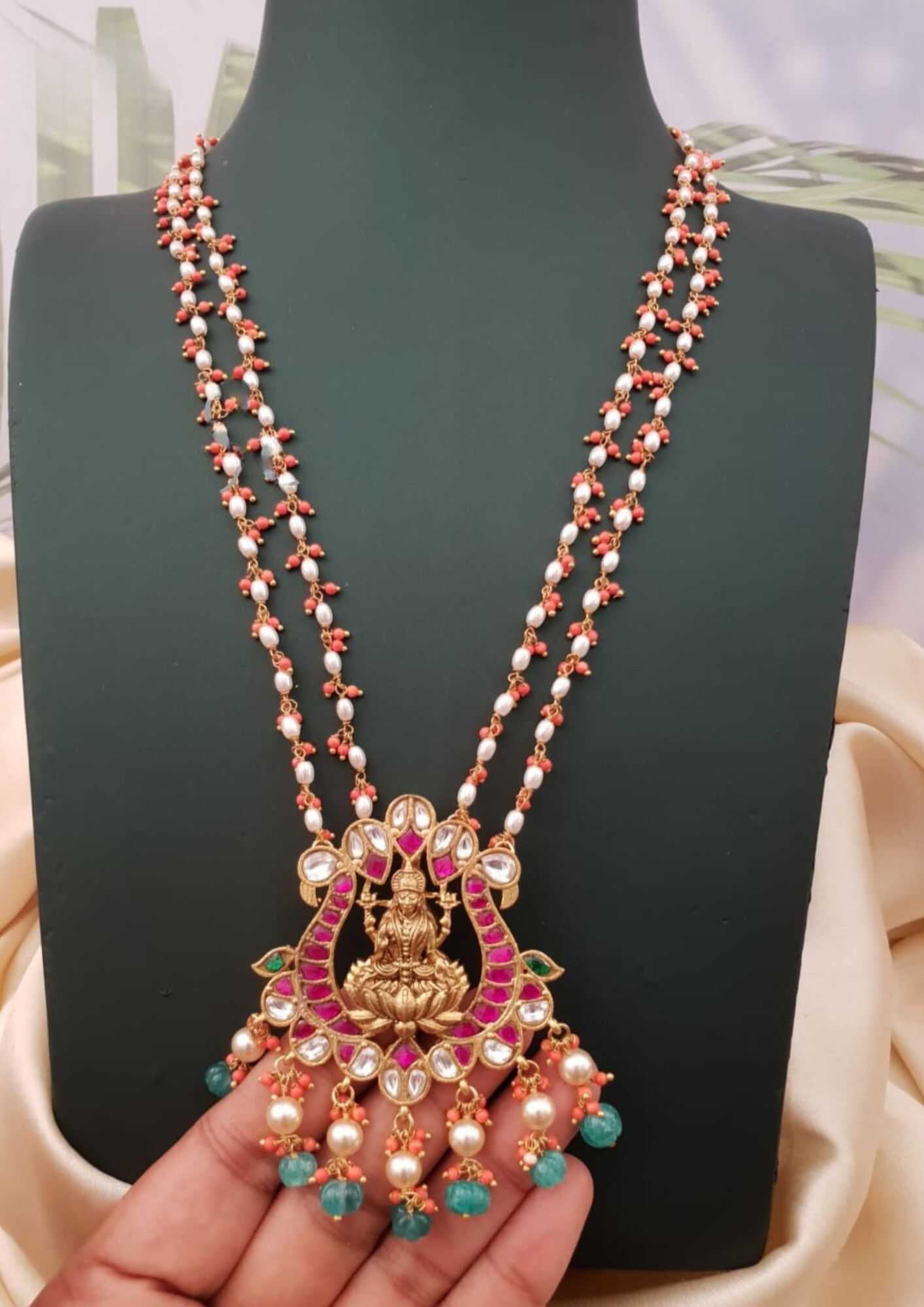Kundan and beads temple jewellery 18k gold plated necklace