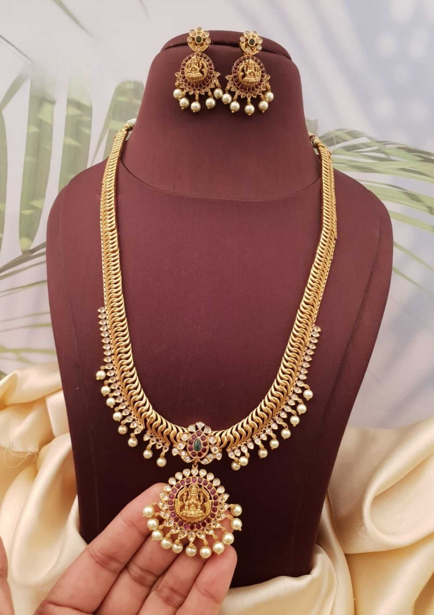 Kempu stone 18k gold plated temple jewellery long necklace with earrings