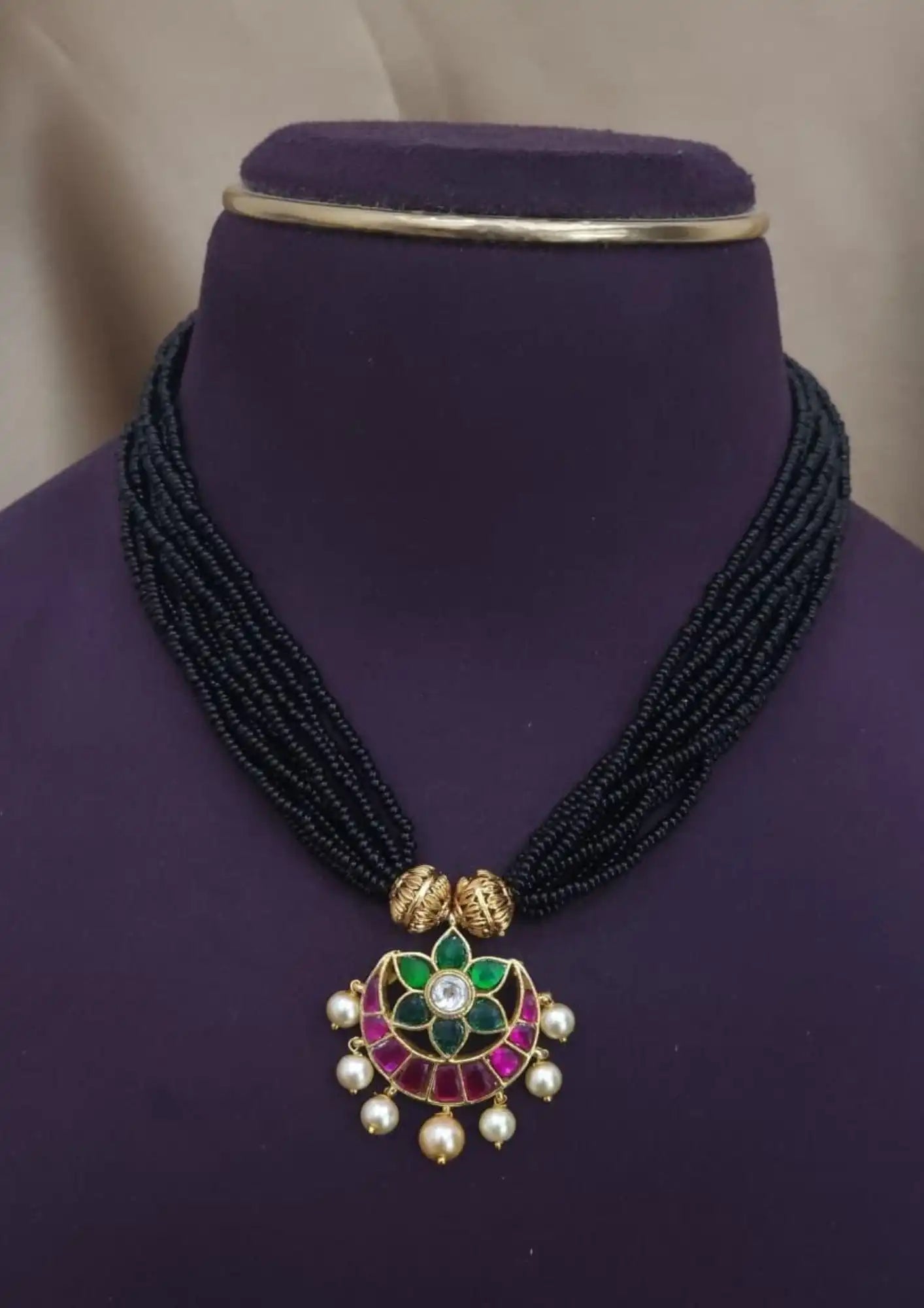 Jdau kundan stones 18k gold plated black beads mangalsutra