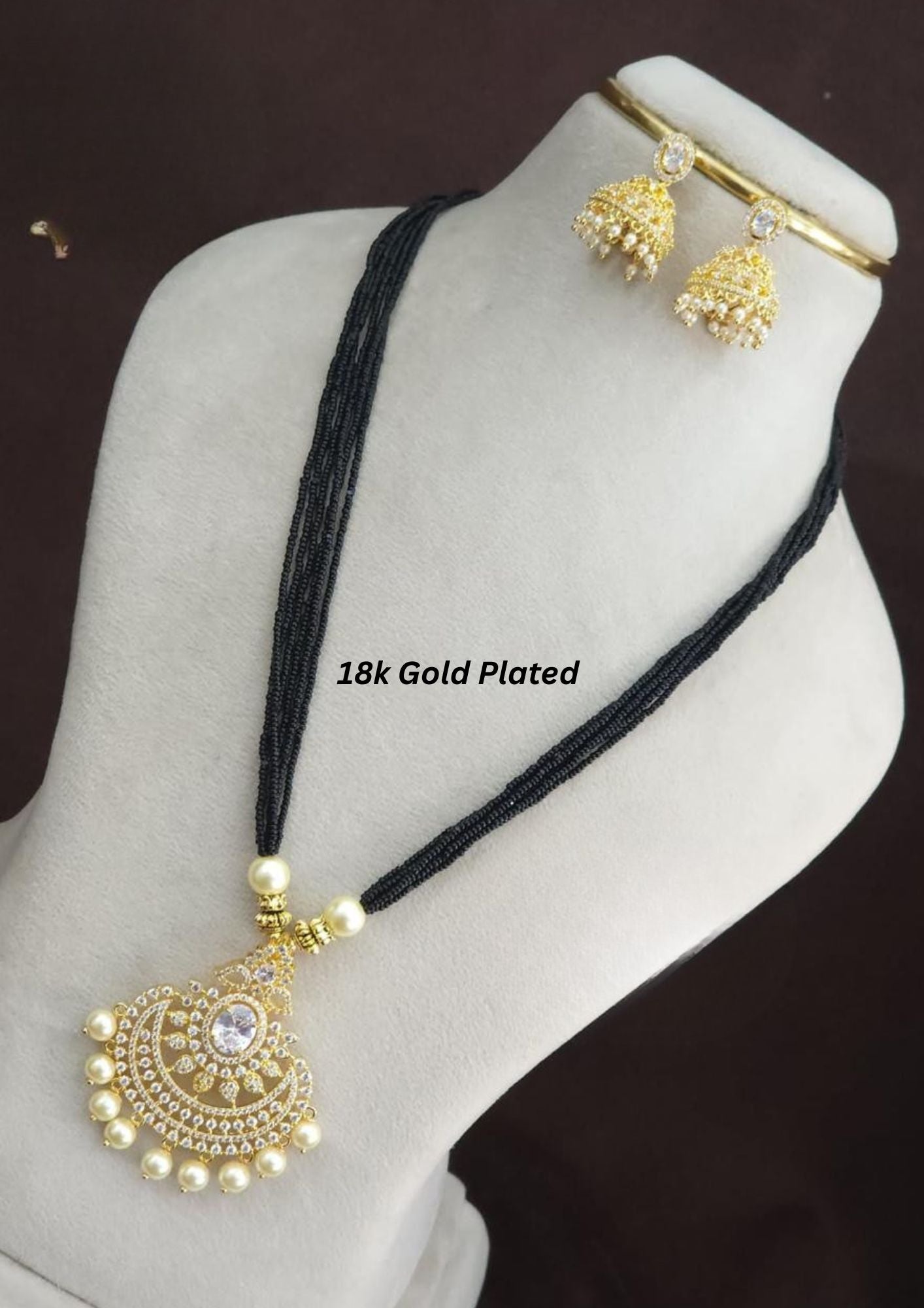 Kundanstone  18k gold plated multilayer mangalsutra with earrings