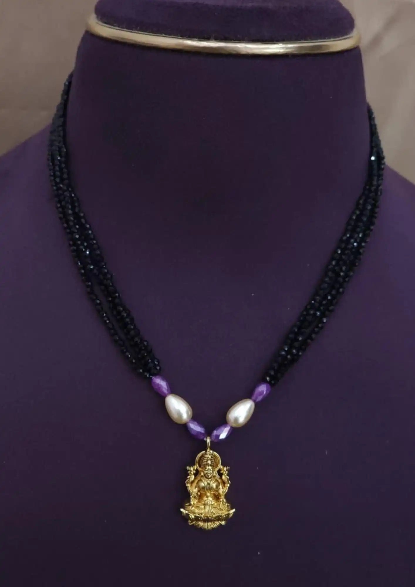 Kundan stones 18k gold plated temple jewellery black beads mangalsutra