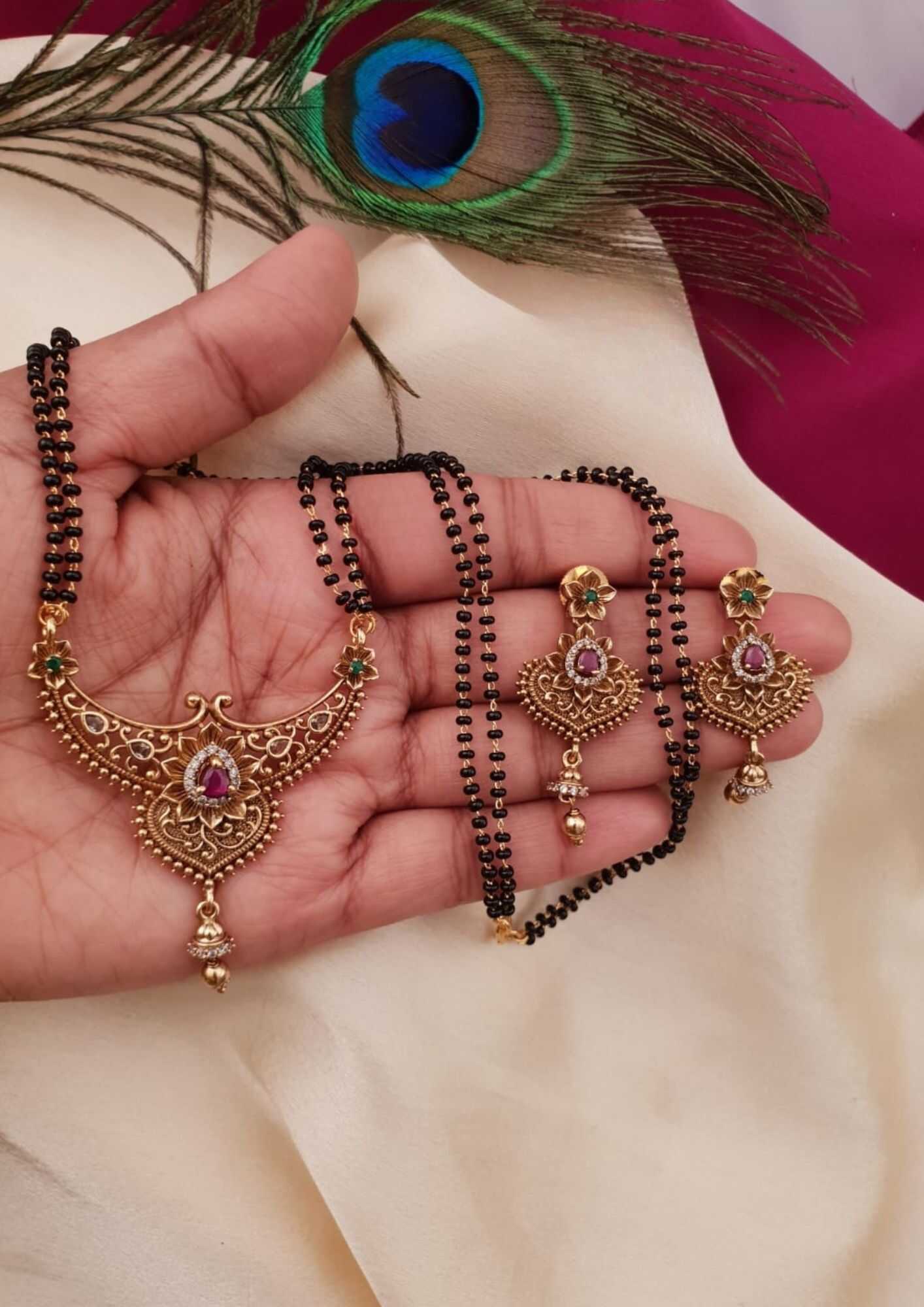 Kundan stones 18k gold platted black beads mangalsutra
