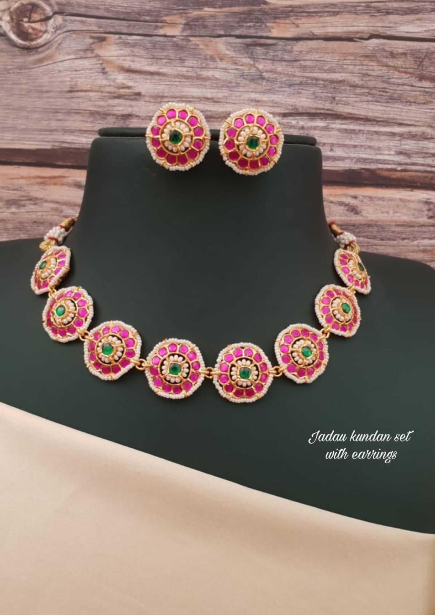 Jadau kundan lotus design 18k gold platted necklace with earrings
