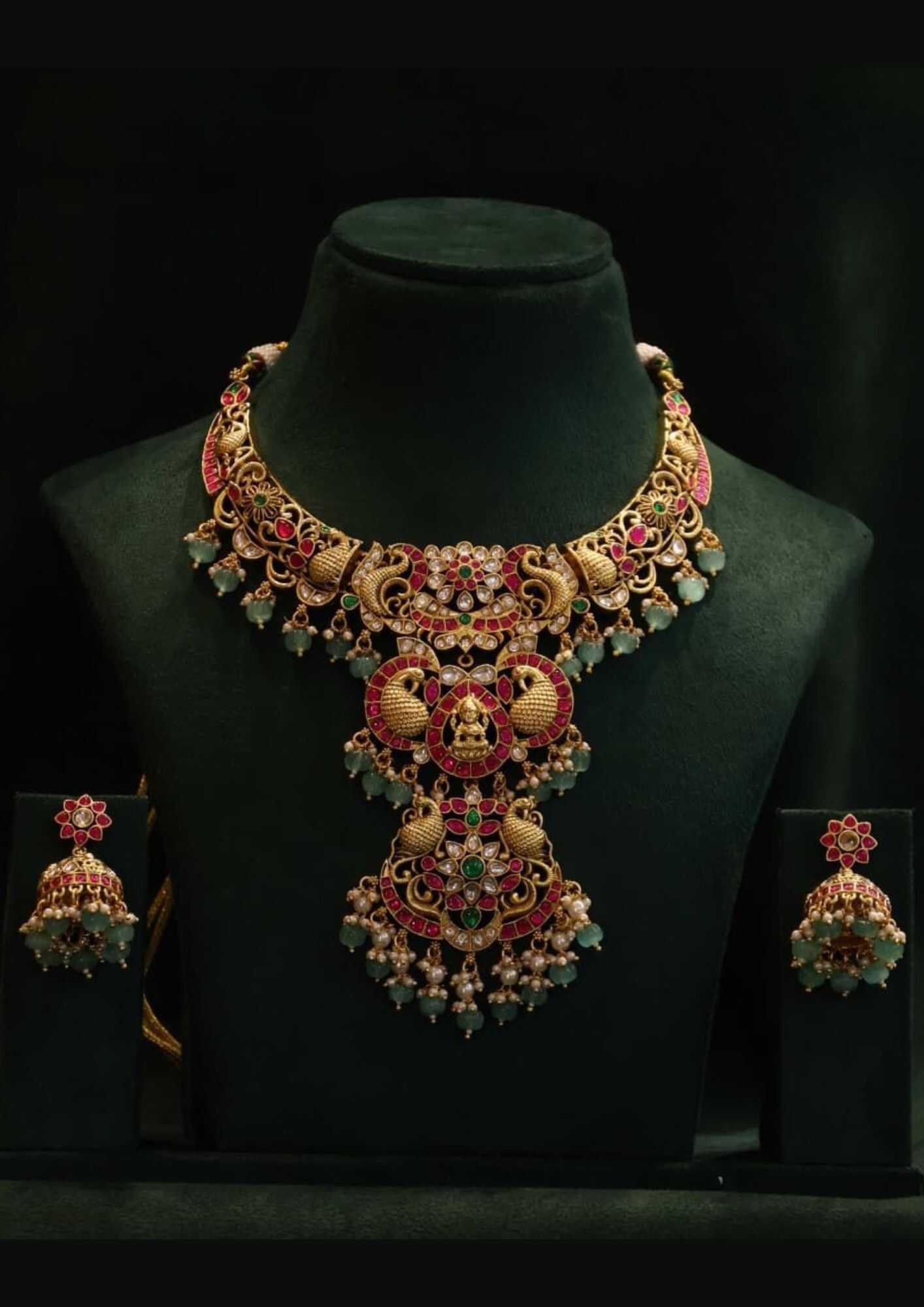 Jadau kundan bridal gold plated temple jewellery necklace with earrings