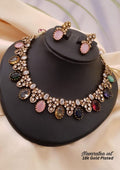Kundan stone navaratna gold plated necklace with earrings
