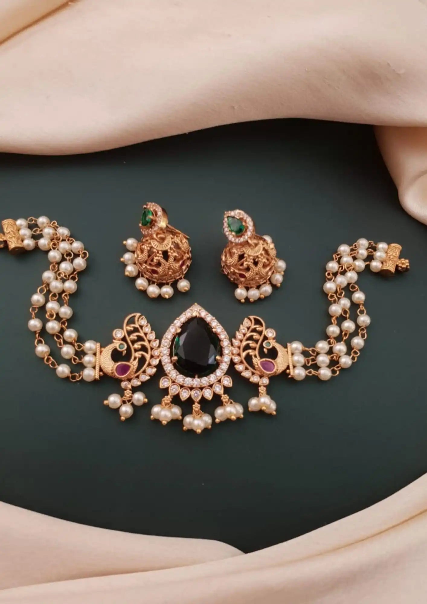 Kundan and beads 18k gold platted necklace choker with earrings