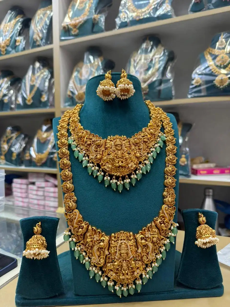 Kundan stones and beads temple jewellery 18 k gold plated bridal set