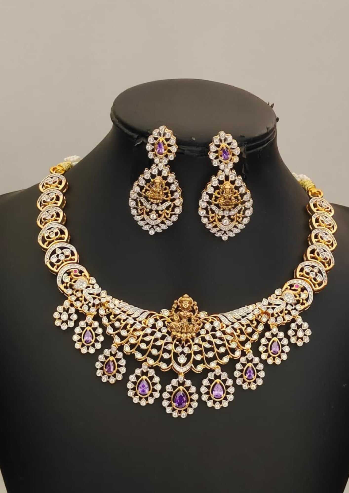 American diamond stones 18k gold platted temple jewellery necklace with earrings