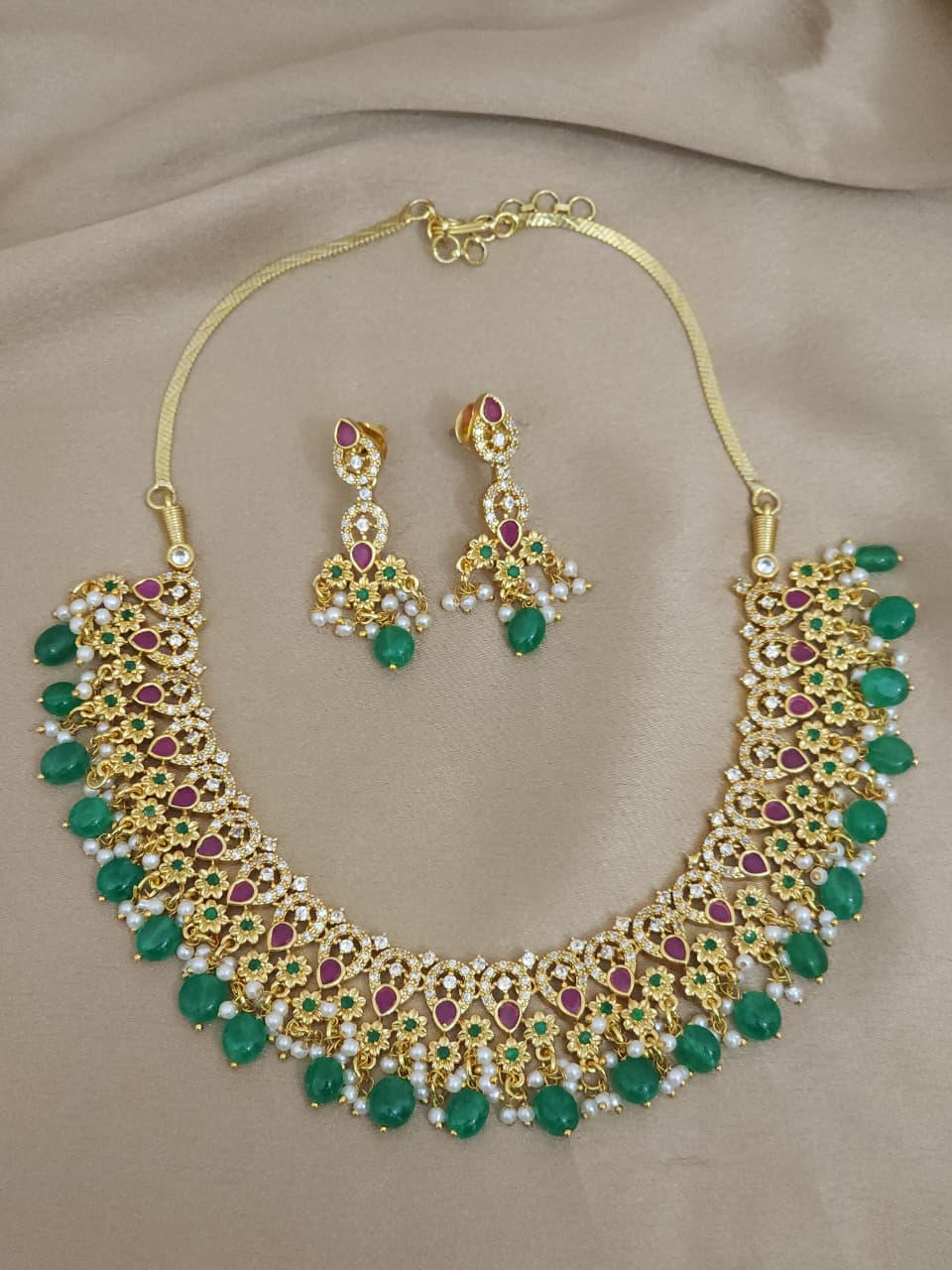Kundan stones and beads 18k gold plated  necklace with earrings