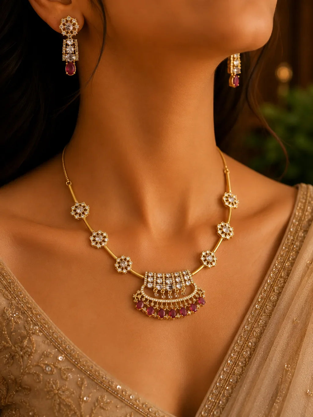 American diamond 18k gold plated necklace with earrings