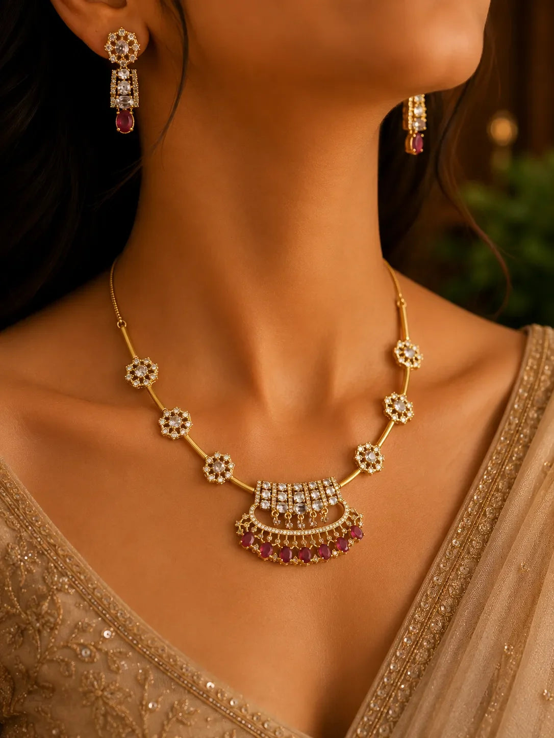 American diamond 18k gold plated necklace with earrings