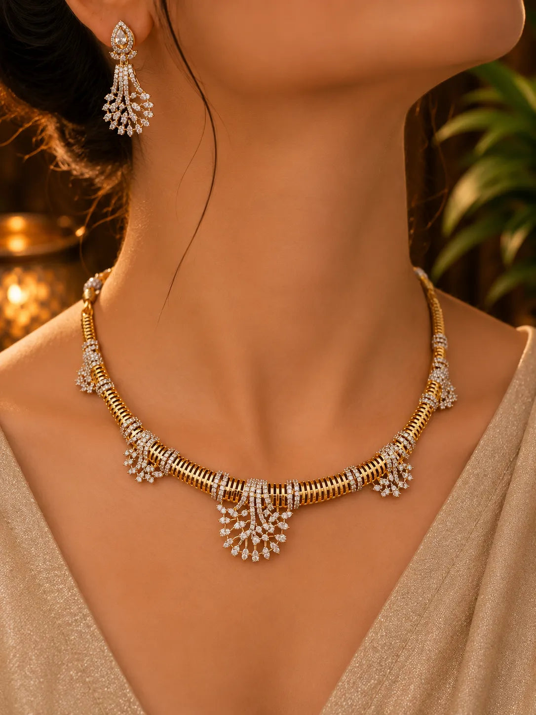 American diamond gold plated necklace with earrings