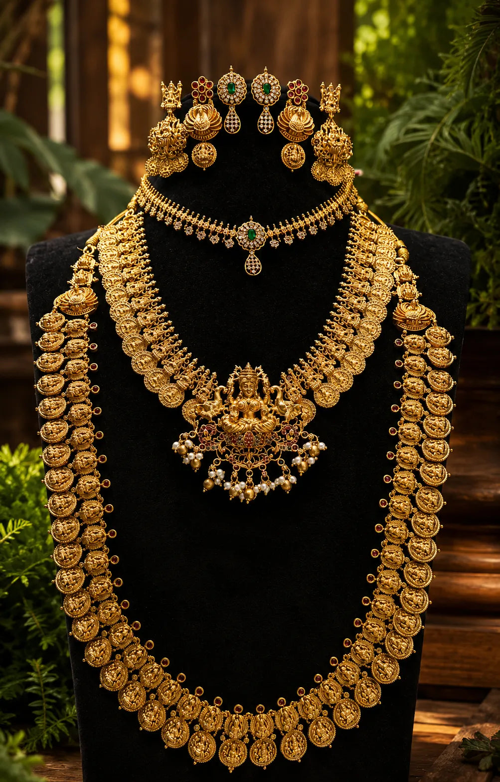Kundan stone 18k gold plated temple jewellery coin necklace set combo with earrings
