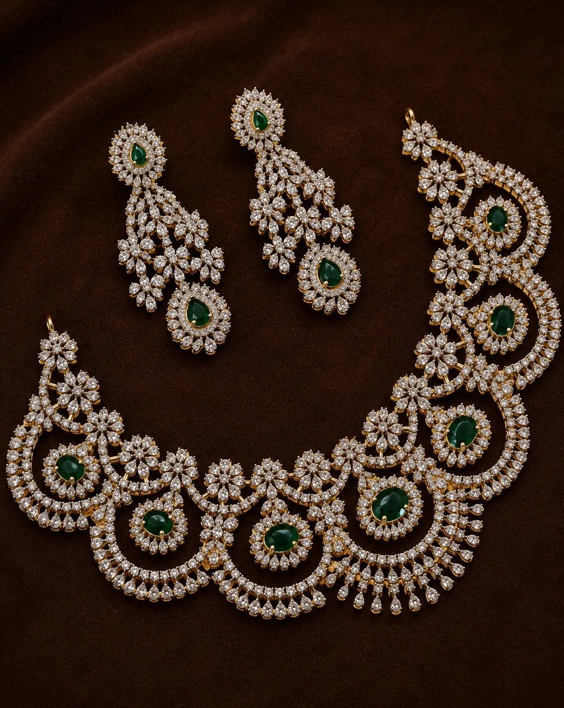 American diamond stones 18k gold finish necklace choker with earrings