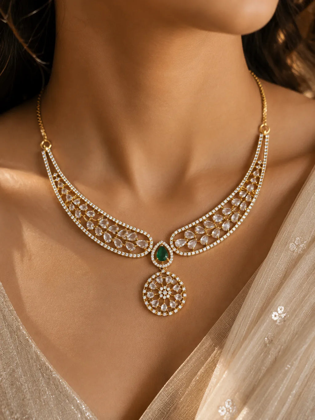 American diamond 18k gold plated necklace with earrings