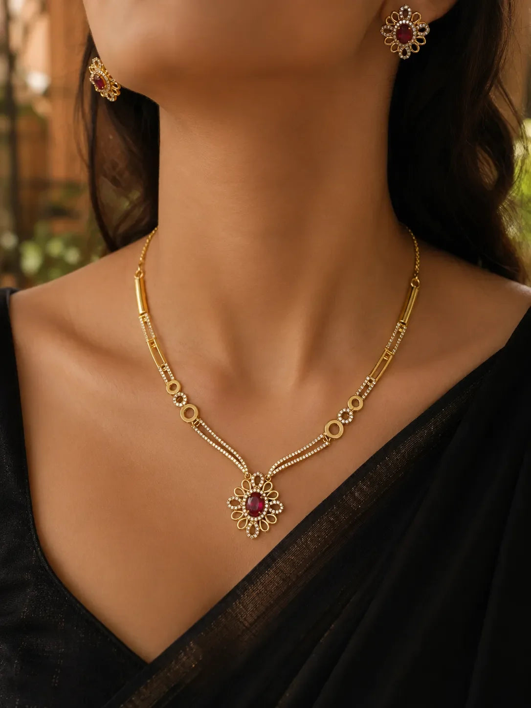 American diamond 18k gold plated necklace with earrings