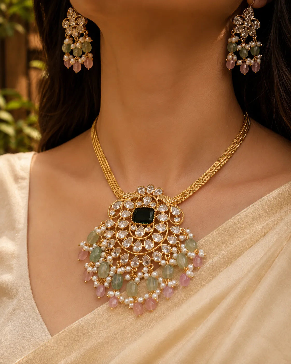 Kundan beads gold plated necklace with earrings