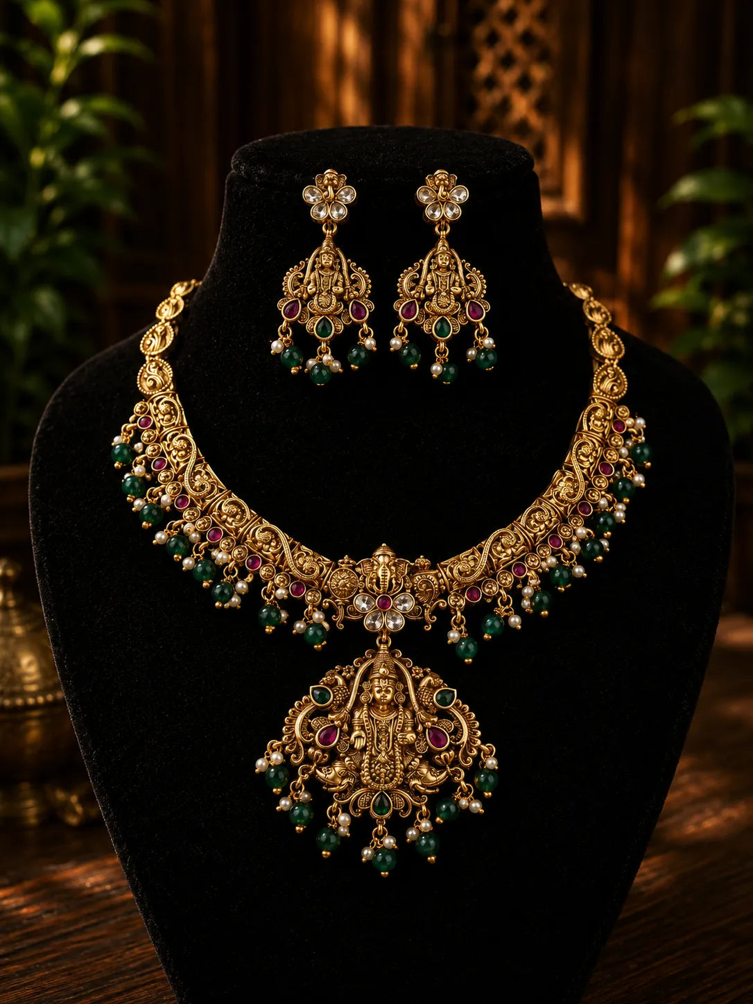 Kundan beads temple jewelry gold plated necklace with earrings