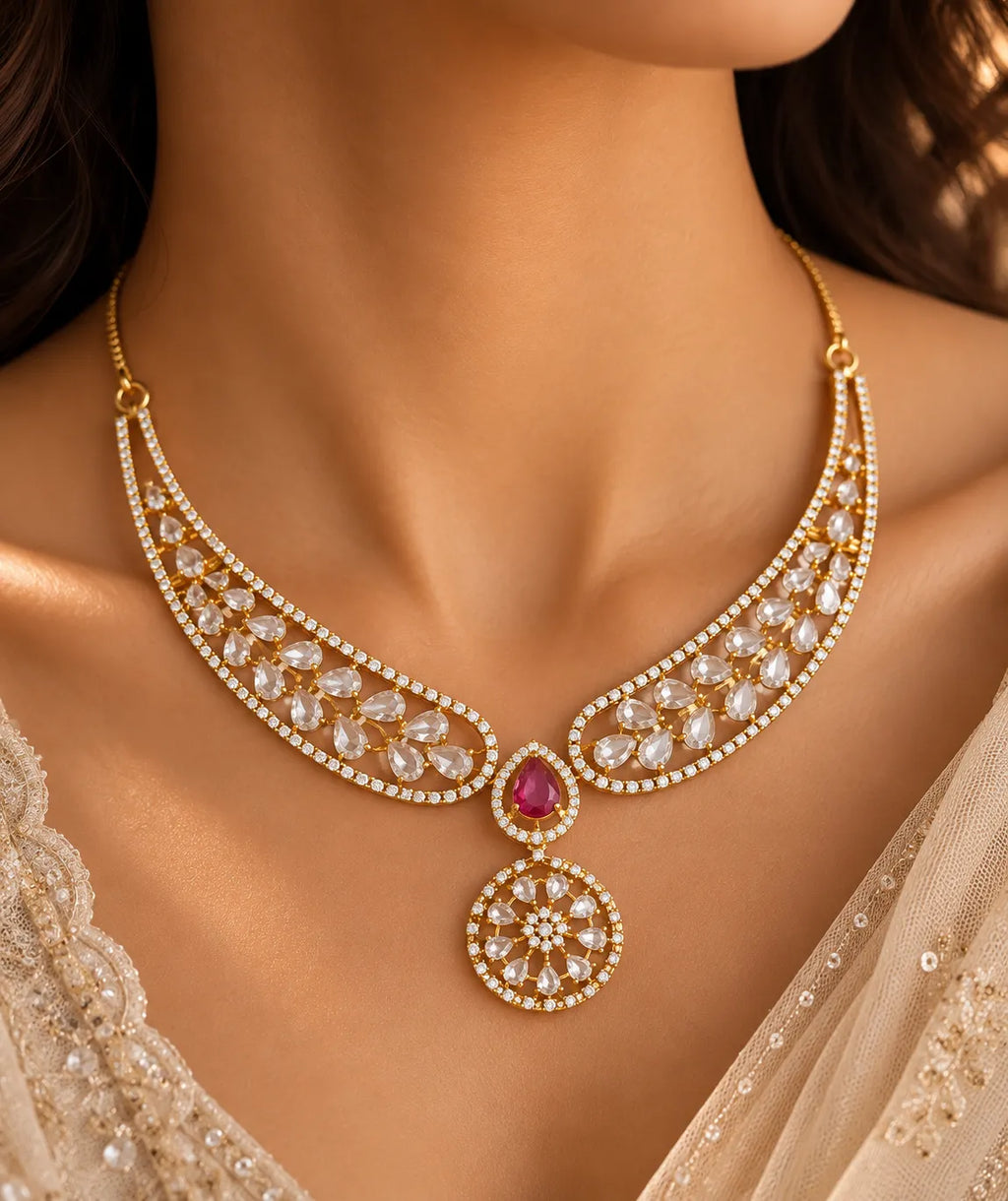American diamond 18k gold plated necklace with earrings