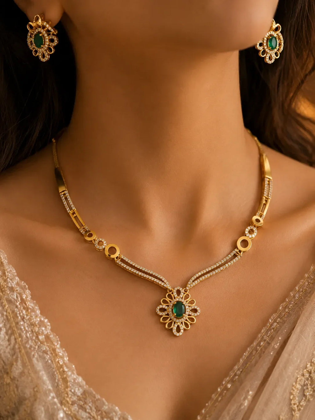 American diamond 18k gold plated necklace with earrings
