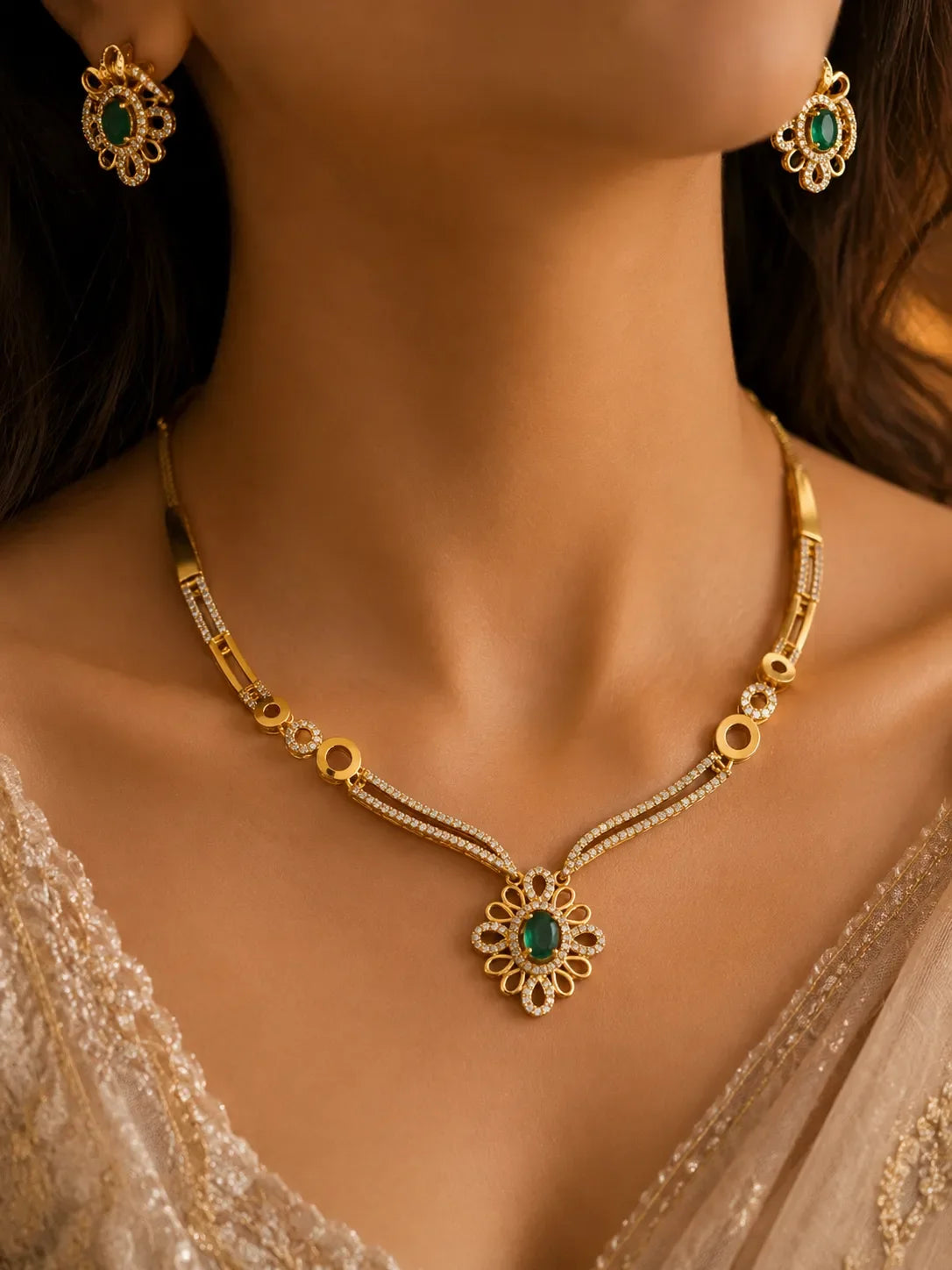 American diamond 18k gold plated necklace with earrings