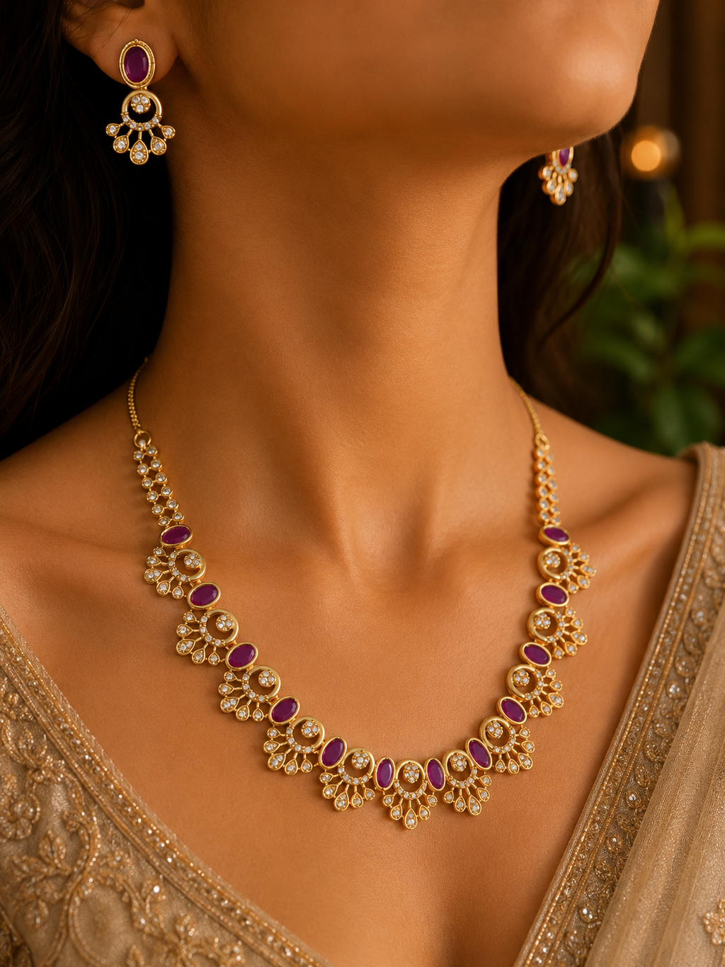 American diamond 18k gold plated necklace with earrings